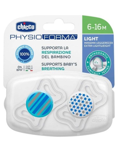 Chicco Chupete Silicona Physio Light Ortodontico Azul 6-16 M 2 U